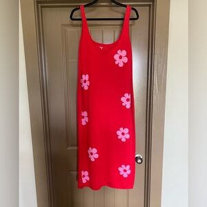 Red and pink daisy sweater dress